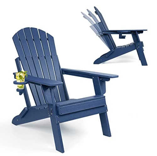 FUNBERRY Folding Adirondack Chair with Adjustable Backrest, HDPE All Weather Fire Pit Chairs with Cup Holder
