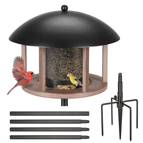 Kingsyard Large Platform Bird Feeder for Outside, Pole Mounted Bird Feeders with Removable Metal Mesh Tube & Weather Protective Dome, 4 lbs Seed Capacity, Brown