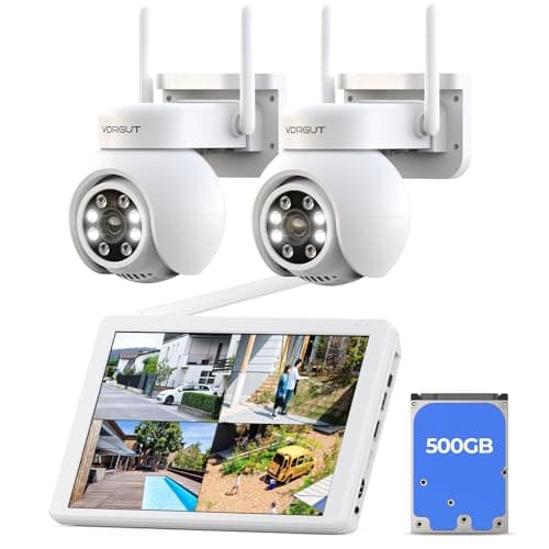 VORGUT Wireless Security Camera System with 10" LCD Monitor, 2PCS 3MP PTZ Outdoor Camera for Home Surveillance, 10CH NVR with 500G HDD,Auto Tracking,Human Detection,Color Night Vision,No Monthly Fee