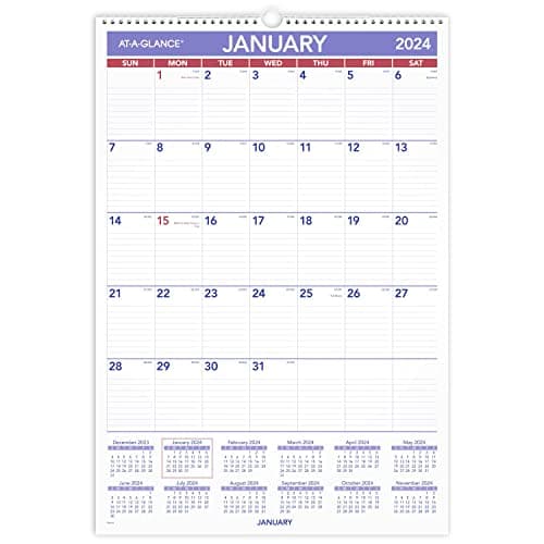 AT-A-GLANCE 2024 Wall Calendar, 15-1/2" x 22-3/4", Large, Spiral Bound, Monthly (PM32824)