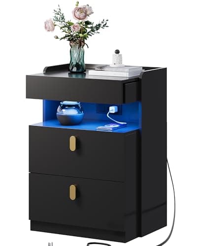 WLIVE Black LED Nighstand with Charging Station, Night Stand with Sliding Top and 2 Drawers, Modern Bedside Table End Tables with Hidden Space for Bedroom, Living Room, Black 7