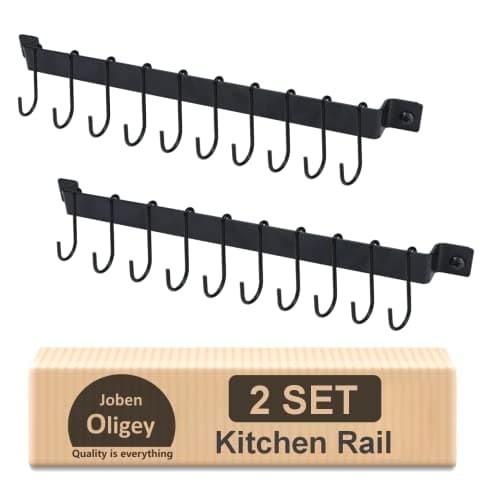 Joben Oligey Utensil Holder, Kitchen Rail With 10 Hooks, Pots and Pans Organizer Hanger, Wall Mounted Wrought Iron Hanging Black 17 Inch for Coffee Mug Rack Cup Hanging, Set of 2