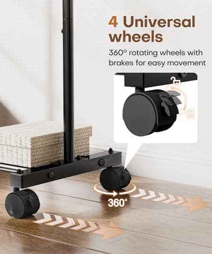 Homde Rolling Clothes Rack with Hooks: Standing Garment Storage for Indoor - Hanging Rod for Bedroom Laundry Room - Coat Dress Organizer on Wheels with luggage shelf (Black, 32") 5