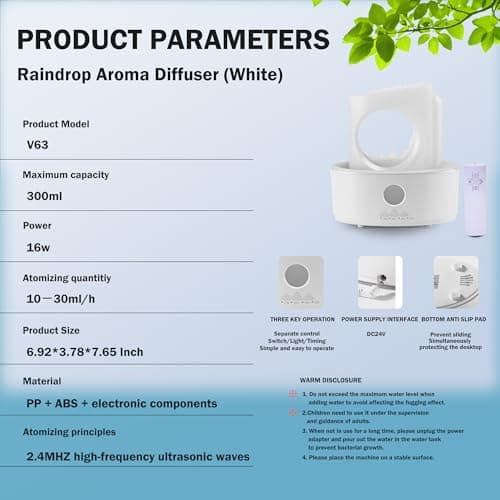 ATNSDPB Raindrop Humidifier for Bedroom & Aromatherapy Diffusers,300ml Ultrasonic Essential Oil Diffuser,Small Scent Air Humidifiers,with 3 LED Color Changing Lights,Timer,Auto Shut-Off Safety Switch 7