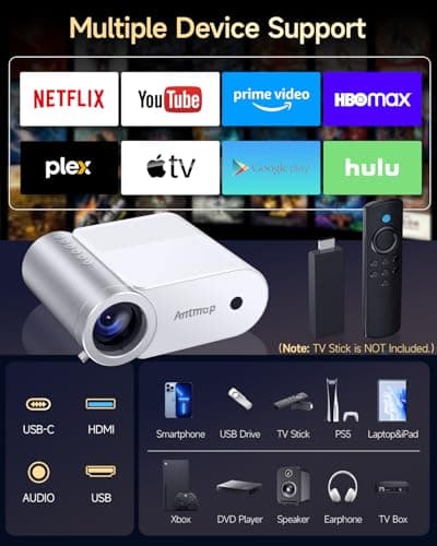 Mini Projector With WiFi and Bluetooth, 400 ANSI Portable Mini Projectors for iPhone, Native 1080P 4K Support Home Theater for Outdoor, 200” Display for Smartphone/HDMI/USB/TV Stick 7