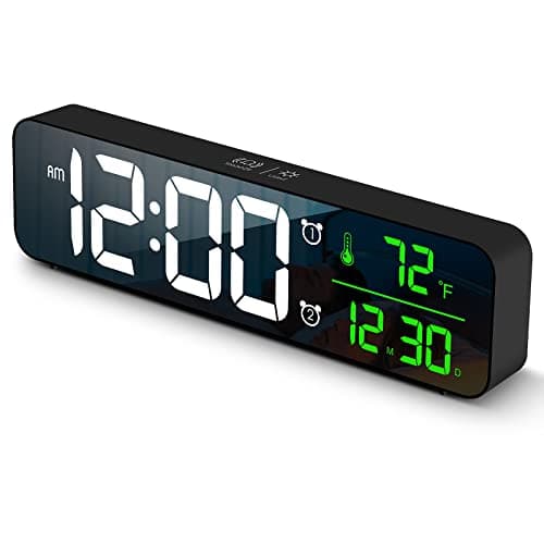 Digital Clock Large Display, Alarm Clock for Living Room Office Bedroom Decor, LED Corded Electric, Date Temp Display Wall Clock, Automatic Brightness Dimmer Smart Cool Modern Desk Accessories Black