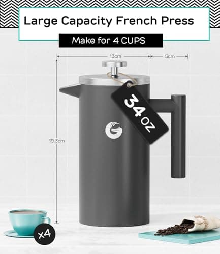 Coffee Gator 304 Grade Stainless Steel French Press Coffee Maker 34 oz, Double Wall Insulated Hot Cold Brew Teapot with 4-Level Filtration System, Include Travel Jar Canister, Rust-Free, Kitchen, Gray 3