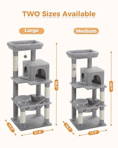 MUTTROS Cat Tree for Large Cats Adult with Metal Plush Big Hammock, 56.3" Cat Tower with 2 Door Condo House, 6-Tier Cat Shelves with Scratching Posts and Large Top Perch, Gray 8