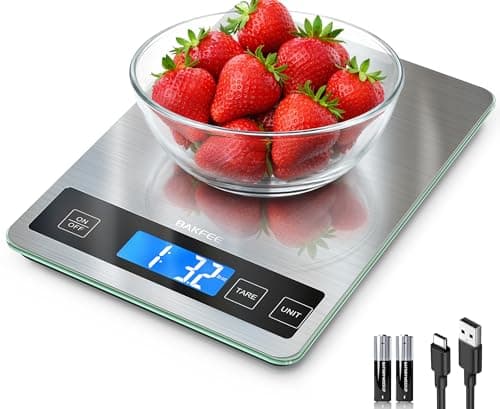 BakFee Food Scale, 33lb Digital Kitchen Scale with Stainless Steel & Tempered Glass, USB Rechargeable, 1g / 0.05oz Precise Graduation, Waterproof and Sturdy Surface, for Cooking, Baking, Weight Loss