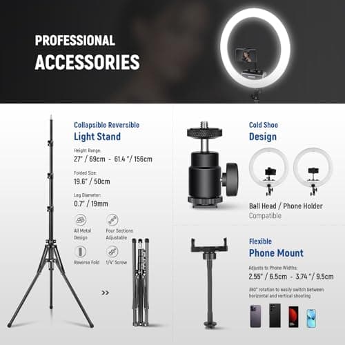 NEEWER 18 inch Ring Light with Tripod Stand and Phone Holder, Ultra Thin Video Ringlight 2900K-7000K TLCI98 App Control, Softer Lighting for Lash Tattoo Makeup Live Stream TikTok, RP18B Pro White 7