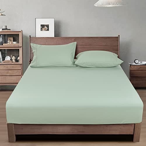 PHF 100% Garment Washed Cotton Fitted Sheet King Size - Cozy Cloud Soft Linen Like Bottom Sheet Only with Elastic Deep Pockets, Easy Fit Breathable Warm not Shrink,78"x 80",Sage Green,No Pillowcase