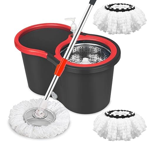 Spin Mop and Bucket with Wringer Set, 360° Spinning Mop Bucket System with 3 Microfiber Mop Replacement Heads and 61" Stainless Steel Adjustable Handle for Floor Cleaning