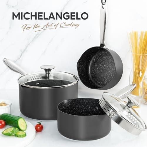 MICHELANGELO Hard Anodized Saucepan Set with Lids, Nonstick Saucepan with Pour Spouts & Strainer Lid for Easy Pour, Granite Derived Coating Sauce Pot Set - 1.5QT & 2QT &3QT Induction Sauce Pans 7