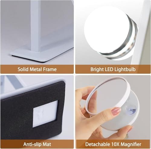 FENCHILIN Vanity Mirror with Light Lighted Makeup Mirror Vanity Makeup Mirror Smart Touch Control 3Colors Dimable Light Detachable 10X Magnification 360°Rotation(White) 6