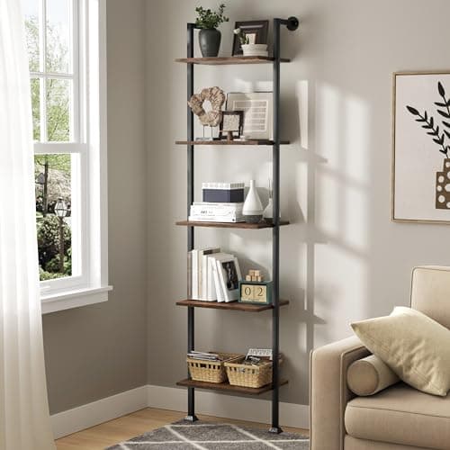 Axeman 5-Tier Ladder Shelf, Tall Narrow Bookcase for Small Spaces, Book Storage Organizer Case for Living Room, Home Office, Study, Industrial Style Black Metal Frame and Rustic Brown Shelf