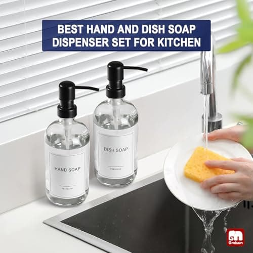 GMISUN Glass Soap Dispenser with Pump, 2 Pack Clear Bathroom Hand Soap Dispenser with Stainless Steel Pump, 17 Fl Oz Refillable Kitchen Hand and Dish Soap Dispensers Set, Modern Liquid Pump Bottles 6