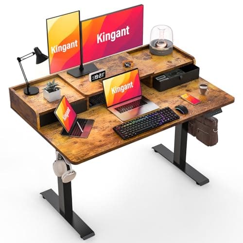Kingant 48" x 30" Standing Desk with Drawers, Large Desktop, Ergonomic Sit Stand Desk for Home Office Work, Cable Management, 3 Preset Heights & 2 Hooks, Rustic Brown