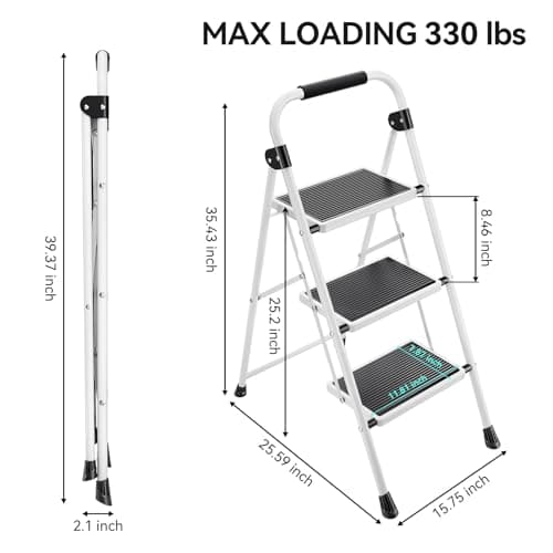 KINGRACK Step Ladder 3 Step Folding with with Anti-Slip and Wide Pedal,Portable Foldable,Tall Sturdy Step Ladder with Handgrip for Home Kitchen Household,White 6