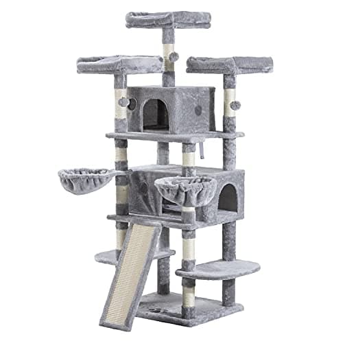 Allewie 68 Inches Cat Tree/House and Towers for Big Feline/Scratching Post/Multi-Level Large Kitty Climbing Tree with Condo/Light Grey 9
