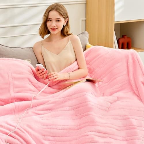 PTQ Premium Heated Throw Blanket 50"×60" - Ultra Cosy Soft Electric Blanket with 8 Heating Levels,Plush Fast Heating Faux Rabbit Fur Blanket for Bed & Couch - Auto Shut Off,Machine Washable (Pink) 8