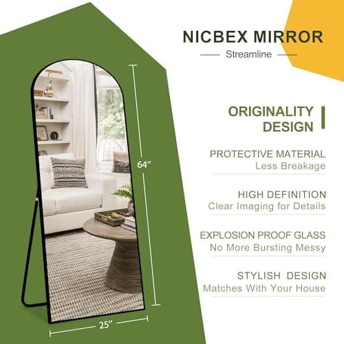 NicBex Arched Full Length Mirror, 64"x24" Aluminum Alloy Frame Full Body Mirror with Stand, Black - Free Standing, Leaning Against Wall or Wall-Mounted, for Bedroom Living Room Dressing Room 6