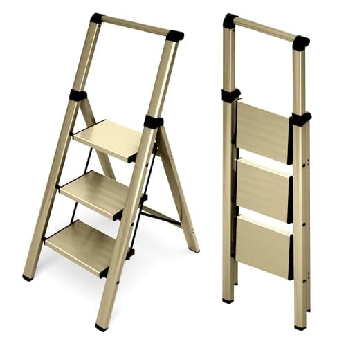 HillhutApex 3 Step Foldable Aluminum Step Ladder with Handgrip, Anti-Slip Pedal, 330 lbs Capacity, Lightweight & Portable for Home, Kitchen, Office, Garage (Gold)