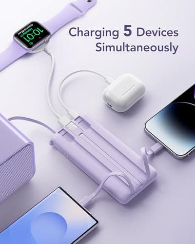 VRURC Portable Charger Power Bank, 10000mAh Travel Essentials Battery Pack, 5 Outputs 2 Inputs Slim Charging Bank Built-in Cables Cords for iPhone 17 16 15 14 13,Samsung,Android-Lavender(1 Pack) 8