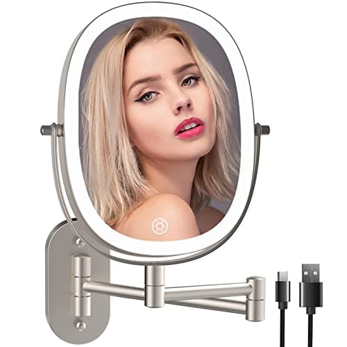 FUNTOUCH Wall Mounted Makeup Mirror,Rechargeable 7X/1X Double Sided Touch Switch Rectangle Oval Wall Mounted Magnifying Mirror with Light, 3 Color Setting,Extended Arm 360°Foldable, Nickel