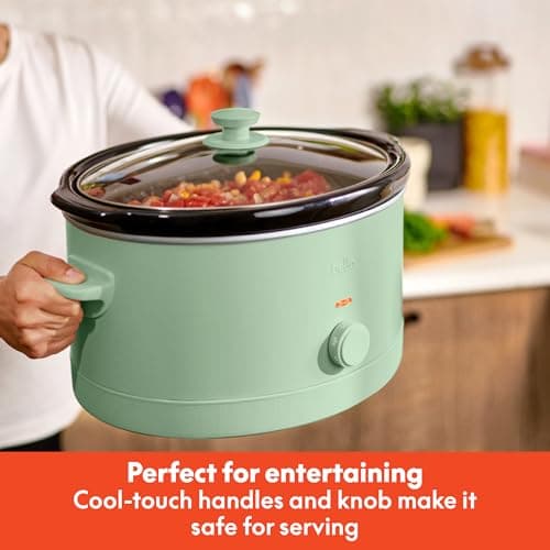 bella 6.0 Qt Manual Slow Cooker, Ceramic Nonstick Coating, 3 Temperature Settings, Dishwasher Safe Stoneware Pot and Tempered Glass Lid, Cool Touch Handles & Tangle Free Cord Wrap, Seaglass 6