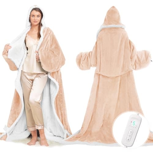 Wearable Heated Blanket with Foot Pocket, Electric Wearable Throw Blanket with Sleeves, Hood, Portable Heated Blanket with 8 Heat Settings, 1-10 Hours Auto Shut-off, Gift for Family, Friends, 50*70"