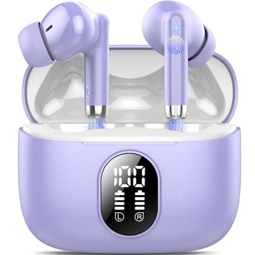 Wireless Earbuds, 2025 New Bluetooth 5.4 Headphones HiFi Stereo with 4 ENC Mic, 40H Mini Ear Buds In-Ear Noise Cancelling Earbuds with Screen, Ultra Light Bluetooth Earphones Purple for Android iOS