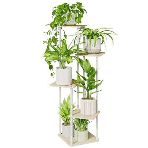 Bamworld Corner Plant Stand Indoor, Tall Metal Plant Shelf for Multiple Plants, 5 Tier Flower Stand for Patio Garden Balcony Living Room Bedroom(White)