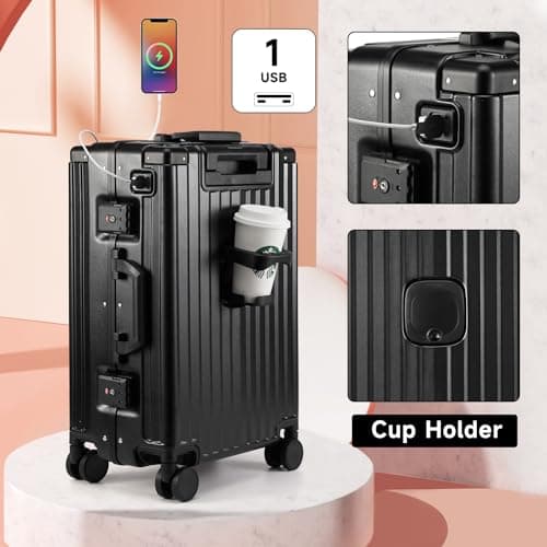 Hard Shell Carry On Luggage 22x14x9 Airline Approved,20 Inch Aluminum Luggage with 100% 3-Layer PC,Carry On Suitcases with Wheels,Cup Holder and USB Port (Classic Black, 20 inch) 6
