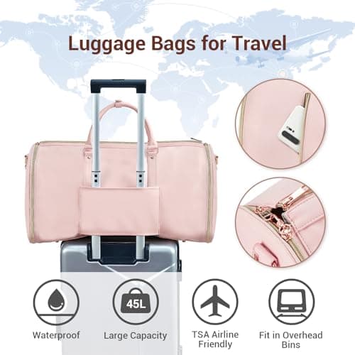 Garment Bags for Travel, Convertible Suit Travel Bag for Women, Stylish Carry On Garment Bag with Toiletry Pocket, Shoulder Strap and Shoes Compartment, 2 in 1 Foldable PU Leather Duffle Bag, Pink 7