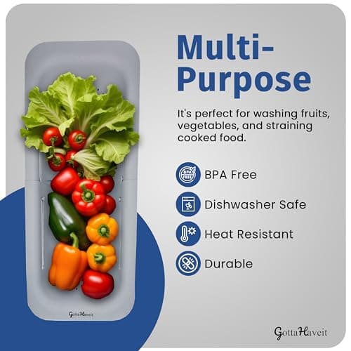 GottaHaveit Over The Sink Colander for Kitchen - Collapsible Strainer Basket, for Fruit and Vegetable Wash, Drain Pasta, Dry Dishes. (7.9” W, x 14-19.3” L, x 2.75” H) Gray 3