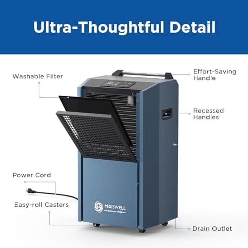 Moiswell 190 Pints Commercial Dehumidifier with Pump for Basements, Industrial Heavy Duty Commercial-grade Portable Dehumidifiers for Large Spaces Warehouse Grow Room, Water Damage Restoration 8