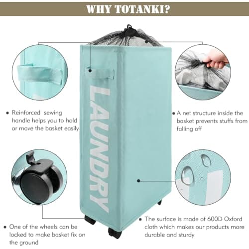 TOTANKI 25" Rolling Slim Laundry Basket on Wheels, Foldable Laundry Hamper with Handle, Collapsible Laundry Sorter and Organizer, Tall Storage Basket Bin (Light Blue) 5