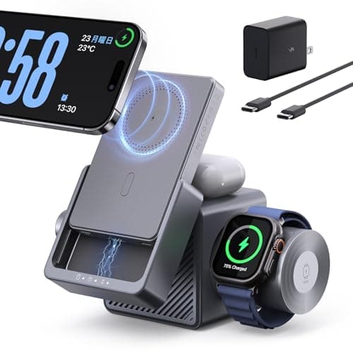 RORRY 3 in 1 Charging Station for Apple, for Magsafe Wireless Charger Stand with 5000mAh Power Bank for iPhone 16/15/14/13/12, for Apple Watch Ultra 2/3/4/5/6/7/8/9/10, for AirPods, Metallic Grey
