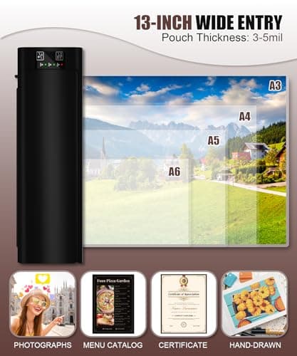 13 Inch Laminator Machine,Never-Jam Design for Home,Office,or School Use, A-3 9-in-1 Thermal Laminator with Sheets for Hot & Cold Laminating Machine, (Black) 7