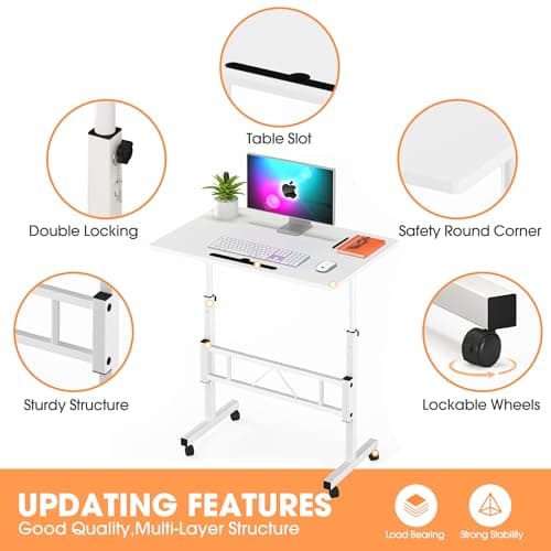 Klvied Small Standing Desk Adjustable Height, Mobile Table with Wheels, Portable Laptop Table, Standing Computer Desk for Walking Pad (White) 6