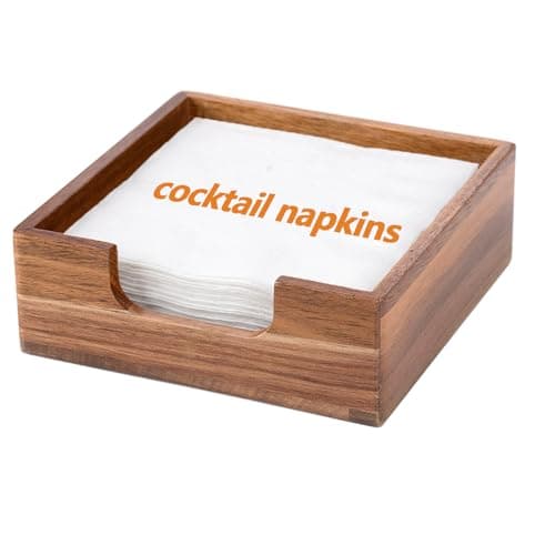 Acacia Cocktail Napkin Holder for Table, Wooden Napkin Holder, Flat Square Beverage Napkin Tray, Farmhouse Cocktail Napkin Caddy for Bar, Party, Dinner, Kitchen Dining Table, 5.5 x 5.5 inches
