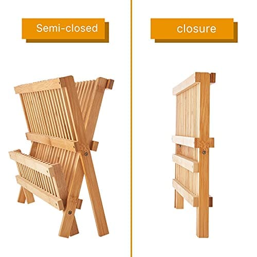 Worthyeah Bamboo Dish Drying Rack, 2 Tier Collapsible Dish Rack with Utensil Holder, Wooden Dish Drying Rack for Kitchen Counter, Large Folding Drying Holder, Dish Drainer 34 pcs Grid 6