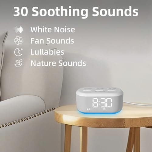 Small Digital Alarm Clock for Bedrooms Sound Machine with 30 Soothing Sound Plug in Desk Clock with Night Light Noise Machine Battery Backup 15 Wake up Sound Clock for Teen Kid Heavy Sleeper Snooze 6