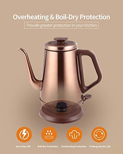 DmofwHi 1000W Gooseneck Electric Kettle (1.0L),100% Stainless Steel BPA Free Tea Kettle with Auto Shut - Off Protection, Pour Over Coffee Kettle -Copper 5