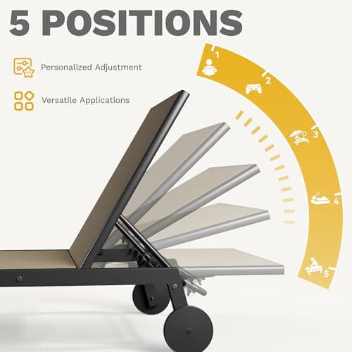 DWVO Outdoor Chaise Lounge Set, 2 Patio Chaise Lounge Chairs with Side Table, Textile Pool Loungers with 5-Level Backrest and Wheels for Beach, Lawn, Porch, Garden (Brown) 5