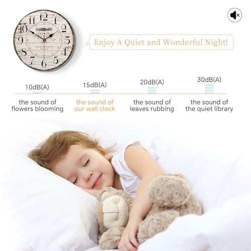 Toudorp 14 Inch Retro Vintage French Country Style Round Wooden Wall Clock Silent Battery Operated Non-Ticking Decorative Clock for Kitchen Farmhouse Bedroom Home Wall 5
