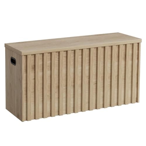 UEV Storage Bench,39.4" Wood Box, Storage Trunk with 2 Safety Hinges, Ottoman Storage Chest, Fluted Storage Bench for Bedroom, Entryway, Living Room (Ivroy White)
