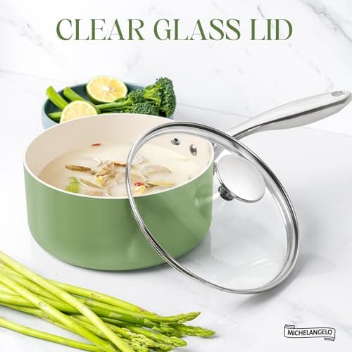 MICHELANGELO Sauce Pan with Lid, Non Stick Saucepan Set of 3-1Qt & 2Qt & 3Qt Small Pots for Cooking, Ceramic Saucepan - Non-Toxic, Scratch-Resistant, Oven Safe, Natural Green 7