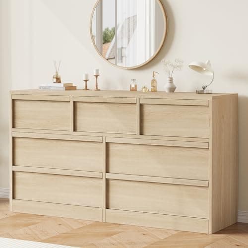 GarveeHome 7 Drawer Dresser for Bedroom, 54in Wide Natural Oak 7 Chest of Drawers with Large Storage, Wooden Dresser Organizer for Living Room, Nursery, Entryway