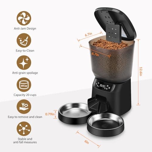 Automatic Cat Feeders for Two Cats, 5L/20 Cups Double Automatic Cat Food Dispenser with 2 Stainless Bowls, Timer Setting 20 Portions 6 Meals Per Day, 10s Meal Call, Pet Feeder for Dog (Black, 5L) 7